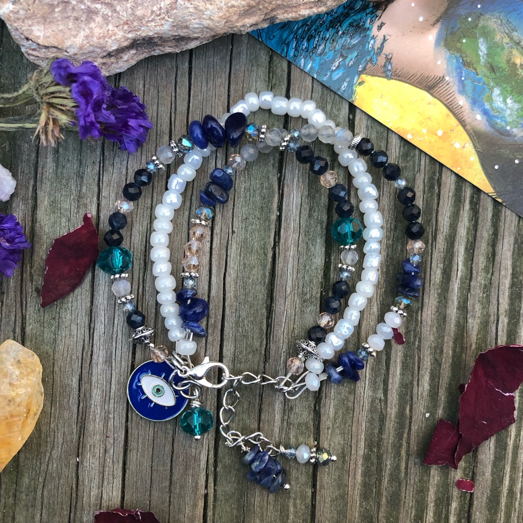 Handmade Sodalite Multi Layer Mixed Gemstone Evil Eye Charm Bracelet